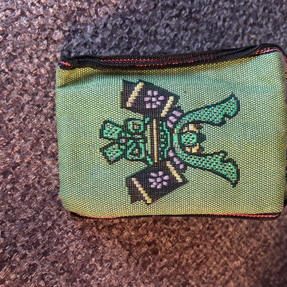 Green Embroidered Fabric Pouch for coins. Made in Japan. Recycled materials.